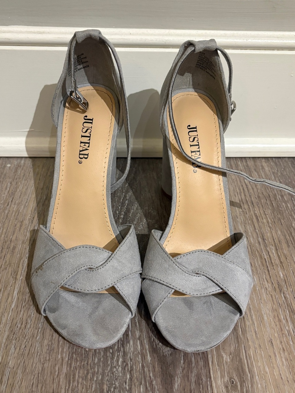 Gray heels with strap around ankle